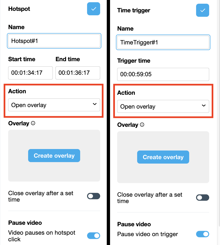 both hotspot and time trigger settings panels highlighting the open overlay option under action.