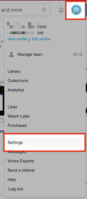The Vimeo account dropdown menu open highlighting the Settings option towards the bottom.